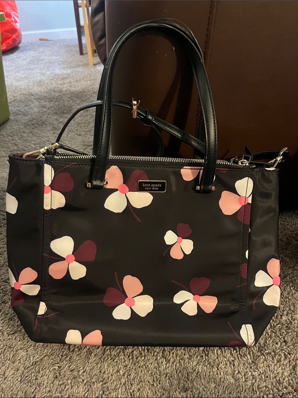 kate spade Black Dawn Dusk Buds medium satchel with Pink & White Blooms